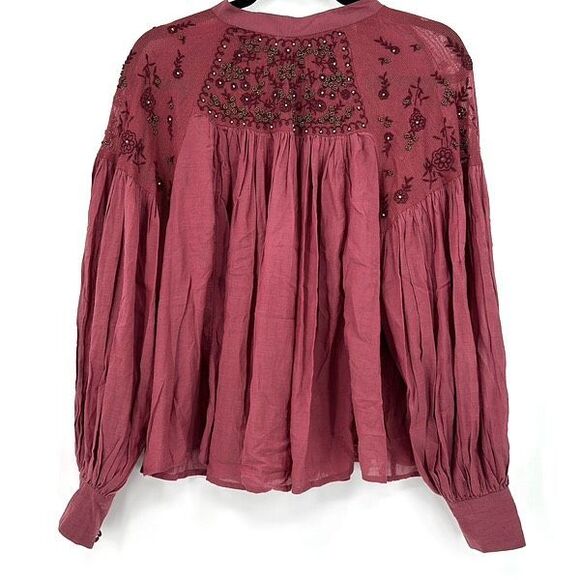 Free People Womens Red Long Puff Sleeve Beaded Embroidered Blouse Small - Picture 2 of 15
